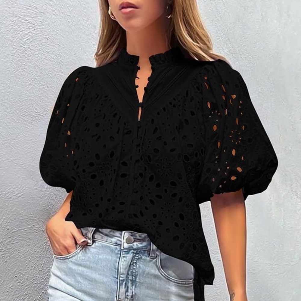 Pretty Garden Eyelet Short Lantern Puffy Sleeve  Blouse Black Size XL - Picture 4 of 7